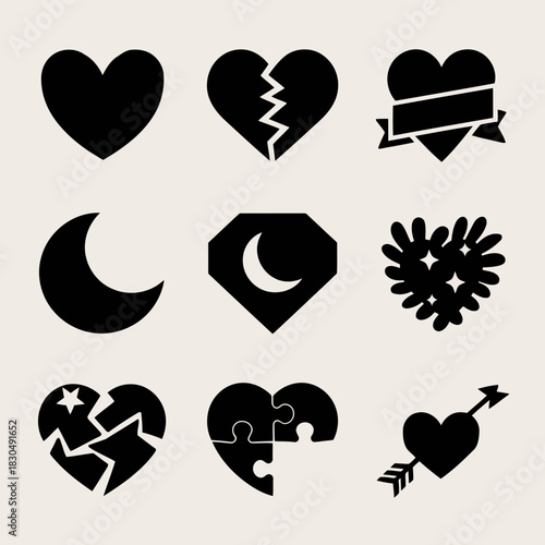 Set of nine black heart and moon symbols with various designs isolated on