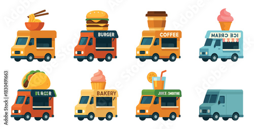 Food truck vector illustration, flat style, taco, burger, coffee, ice cream vans