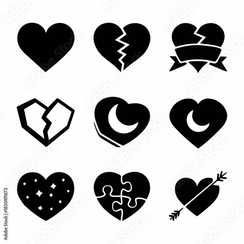 Nine black heart icons with different designs and symbols representing love, breakup, and romance