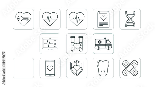 Vector illustration of health and medical icons in outline style, including heart, heartbeat, dna, monitor, test tube, ambulance, phone, shield, tooth, and bandage
