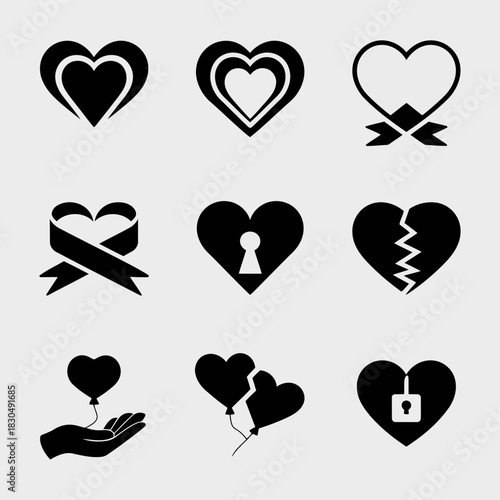 Set of nine different heart icons with various designs and symbols representing love, relationships, and emotions