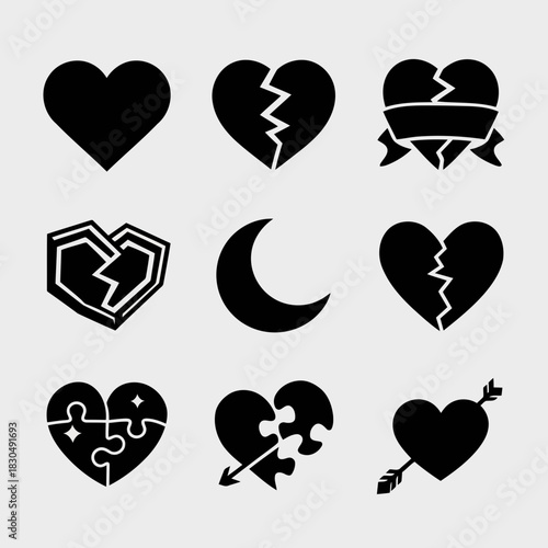 Collection of nine black heart icons with different styles and meanings, including broken, bandaged, puzzle, and arrowpierced hearts