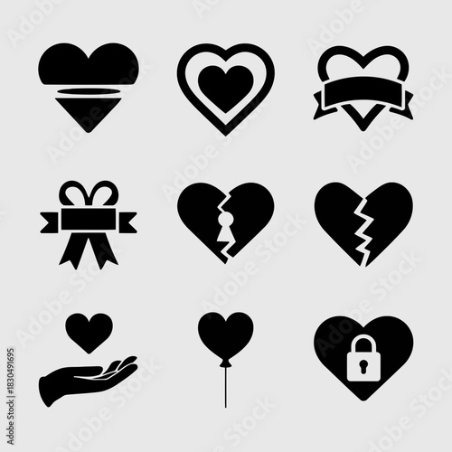 Set of nine black heart icons with different designs and symbols representing love, breakup, and protection