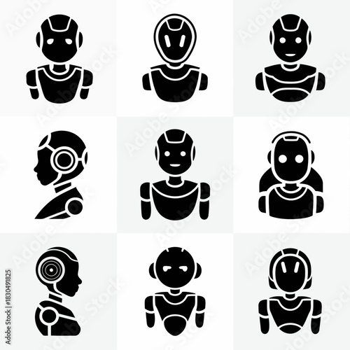 Set of nine different robot icons in black and white, isolated on