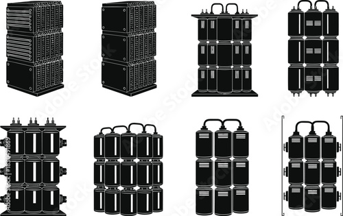 Capacitor bank and server rack icons, electrical components, power system equipment, data center gear, flat vector