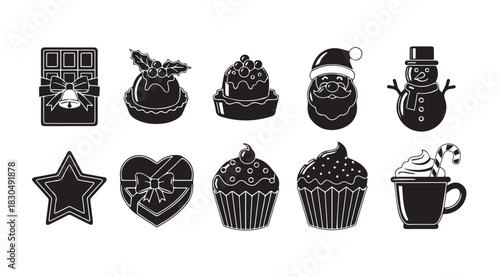 Collection of festive christmas icons depicted in a distinctive silhouette style