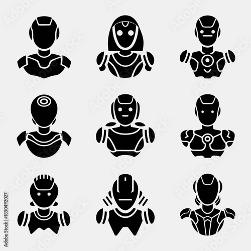 Set of nine futuristic robot characters in black silhouette style, isolated on