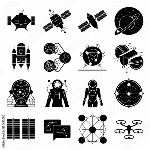 Collection of space and technology icons including satellites, rockets, astronauts, and scientific equipment