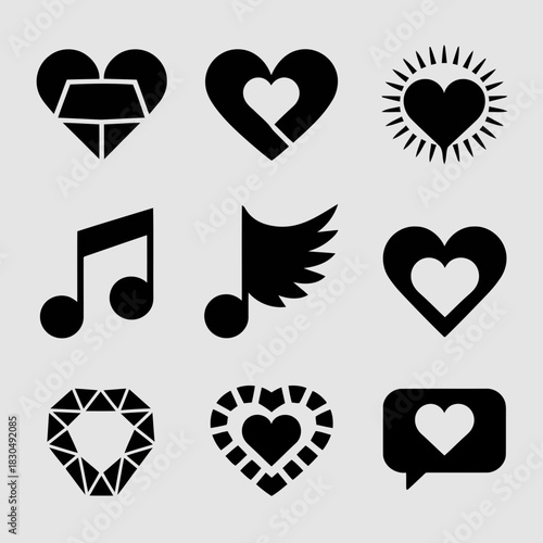 Set of nine black icons including heart, music note, feather, diamond, and speech bubble on