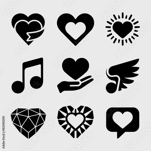 Set of nine black heart and music symbols on
