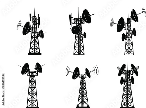Communication tower silhouettes, antenna and satellite dish designs, telecom signal structures, broadcast units, flat vector