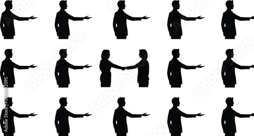 Handshake silhouette grid, people reaching out, black vector, social interaction, agreement gesture, connection moment, unity, business deal, communication, teamwork