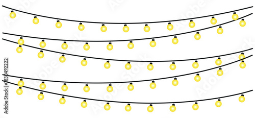 Illustration of four strands of yellow string lights hanging against a white colored background , glowing holiday lights garland bulbs, twinkling fairy lights glow