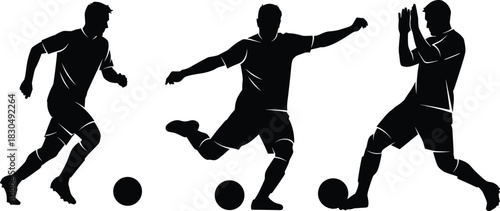 Soccer players silhouette in motion, dribbling, kicking, defending, black vector, dynamic posture, football action, athletic movement, competitive sport, teamwork, energy