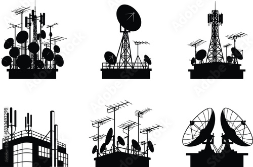 Communication tower silhouettes, satellite dish icons, broadcast infrastructure set, telecom signal hub design elements - flat vector