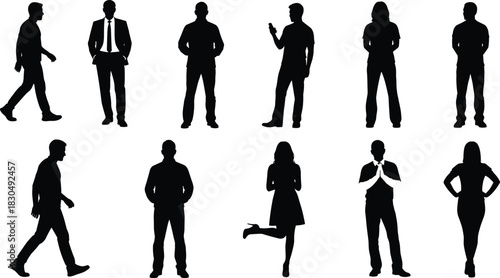 Group of diverse people silhouettes, casual and formal poses, black vector, body language, standing figures, fashion mix, human behavior, minimalist style