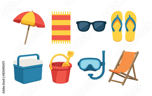Beach essentials, flat vector illustration with vacation, summer, travel icons