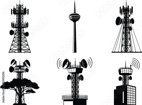 Communication tower silhouettes, telecom infrastructure designs, broadcast antenna structures, signal transmission units, field setup, flat vector