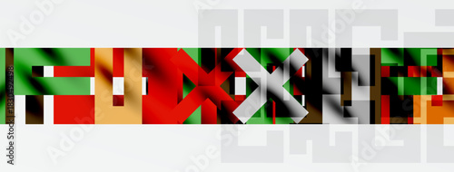 Abstract colorful blocks form blurred text. White background dominates image. Shapes overlap creating complex pattern.