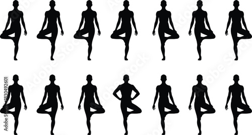 Tree pose yoga silhouettes, balance and mindfulness, human figures in vrksasana, wellness and fitness concept, black vector icons for meditation design