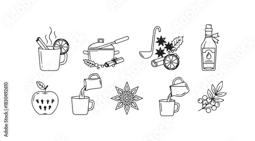 Collection of hand drawn winter beverage and spice illustrations in a distinctive silhouette style