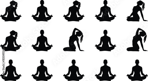 Yoga silhouette grid with meditation and stretching poses, abstract human figures, wellness concept, symmetry, mindfulness, flexibility, peaceful practice, vector art