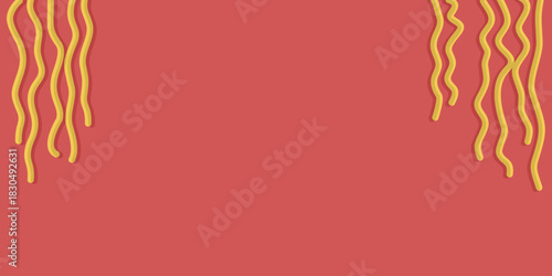 Long wavy noodle strands hanging from the top against a terracotta background, forming a bold food-themed design.