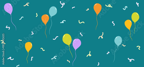 Seamless floating colorful balloons scattered across a teal background with festive confetti curls.