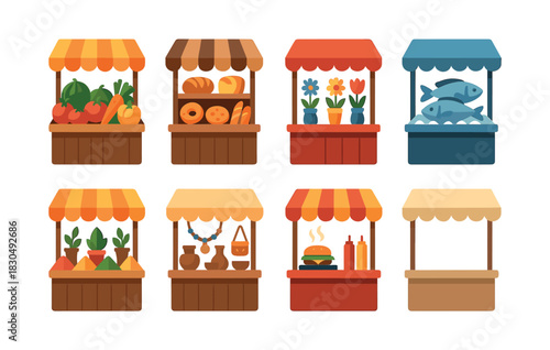 Market stall variety, vegetables, bread, decor, fish, flat vector illustration