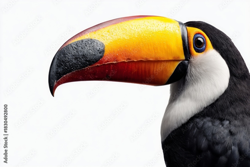 Obraz premium A stunning close up portrait of a vibrant toucan bird with its iconic large colorful beak prominently displayed against a clean white background.