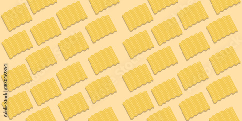 Seamless pattern of yellow instant noodles arranged in a repeating diagonal layout with soft shadows, creating a playful food themed background.