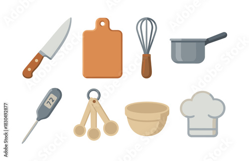 Kitchen utensils set, cutting board, whisk, pot, flat vector illustration