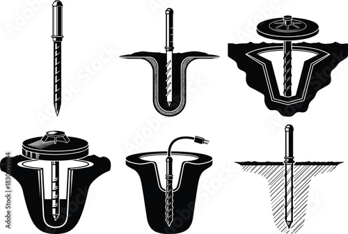 Dental implant procedure stages, jawbone integration steps, oral surgery components, tooth restoration process, flat vector