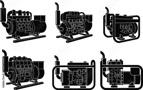 Diesel generator silhouettes, industrial power units, engine components, exhaust systems, backup electricity source, flat vector