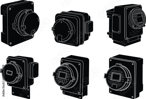 Electric meter box icons, utility enclosure designs, power monitoring units, infrastructure silhouette set, flat vector
