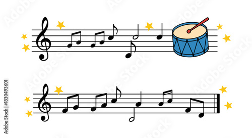Musical notes and drum text divider in cheerful doodle style