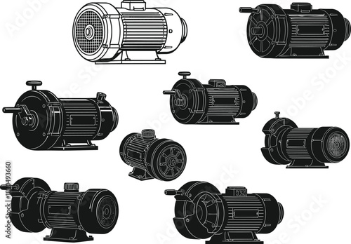 Electric motor icon set, technical equipment illustrations for industrial engineering and mechanical design, flat vector