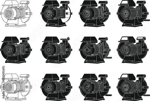 Electric motor and generator icon set, silhouette and outline engineering equipment collection, industrial flat vector