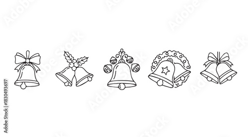 Collection of five ornate christmas bells with ribbons and holly decorations silhouette