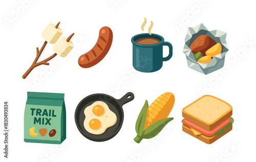 Camping food essentials, breakfast, coffee, grilling, flat vector illustration