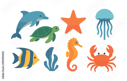 Ocean animals, flat vector illustration, dolphin, turtle, and more sea creatures