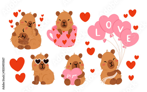 Cute Valentines Day capybara clipart set with heart balloons, romantic couple, capybara in cup, kawaii animals with hearts, love messages, adorable characters for cards, stickers and print