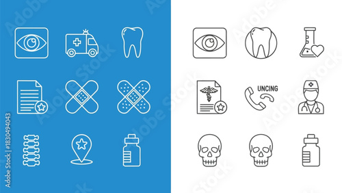 Vector illustration of medical icon set featuring healthcare, treatment, and diagnosis elements, including eye exam, ambulance, tooth, prescription, bandage, spine, location, and bottle