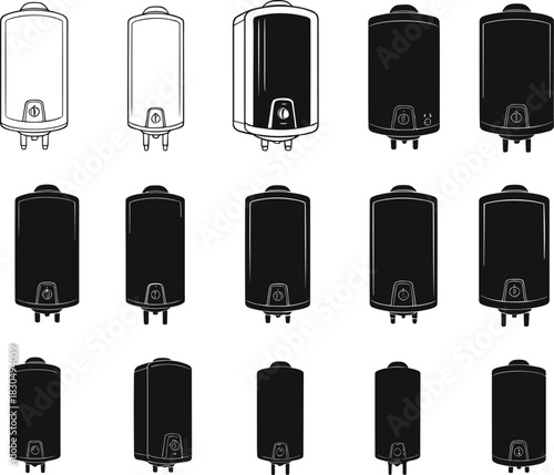 Electric water heater icon set, silhouette and outline comparison for plumbing infrastructure design, flat vector