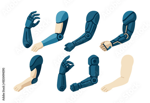 Robotic arm collection, mechanical, futuristic, flat vector illustration