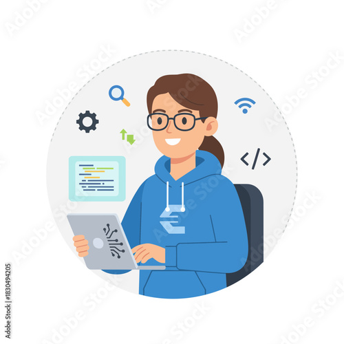 Woman coding on a laptop with digital design elements