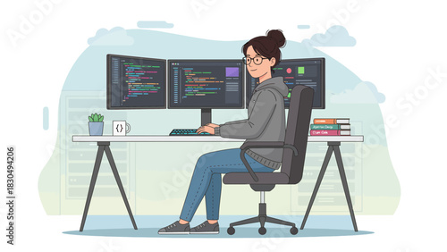 Woman coding on a computer with multiple monitors at desk
