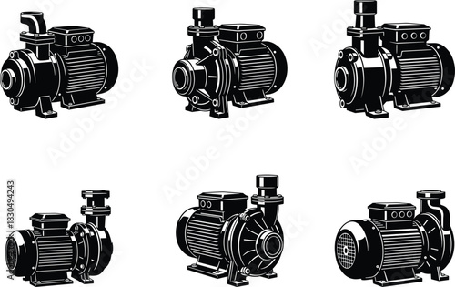 Electric water pumps, motor-driven fluid systems, plumbing equipment, industrial pump units, mechanical devices, flat vector