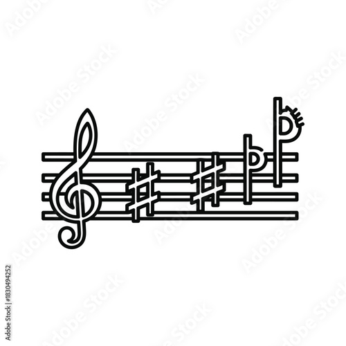 Music Notation with Treble Clef, Sharps, and Abstract Symbols on Staff