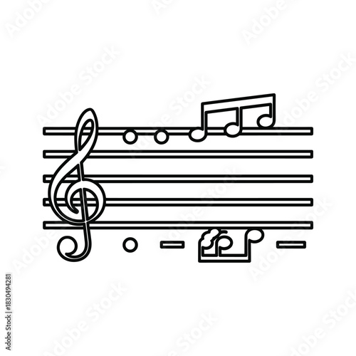Musical Staff with Treble Clef, Notes & Rests - Outline Vector Icon